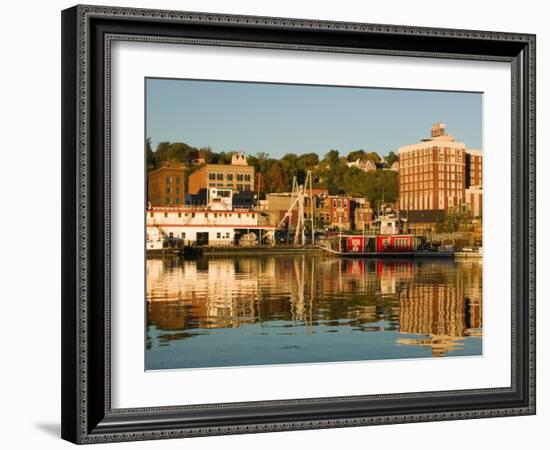 Riverboats, Mississippi River, and Historic Julien Hotel, Dubuque, Iowa-Walter Bibikow-Framed Photographic Print