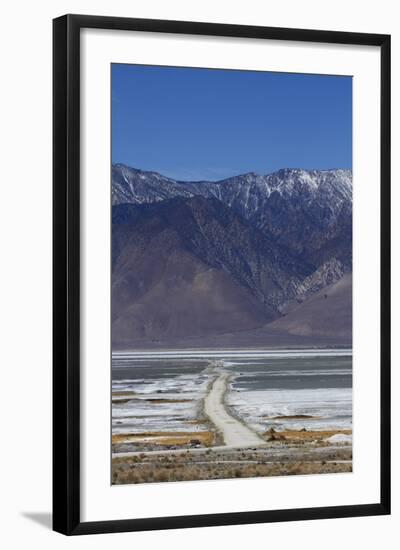 Road across Owens Lake and Sierra Nevada Mountains, California-David Wall-Framed Photographic Print