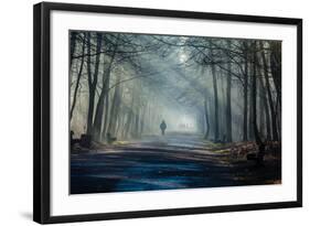 Road and Sunbeams in Strong Fog in the Forest, Poland.-Curioso Travel Photography-Framed Photographic Print