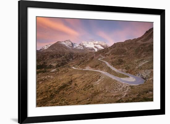 Road bends of Bernina Pass at dawn, Poschiavo Valley, Engadine, Canton of Graubunden, Switzerland, -Roberto Moiola-Framed Photographic Print