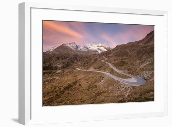 Road bends of Bernina Pass at dawn, Poschiavo Valley, Engadine, Canton of Graubunden, Switzerland, -Roberto Moiola-Framed Photographic Print
