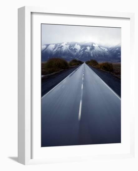 Road Connecting El Calafate with Los Glaciares National Park Through a Windshield in Argentina-null-Framed Photographic Print