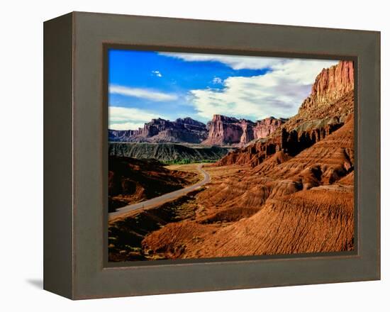 Road passing through rocky desert, Capitol Reef National Park, Utah, USA-null-Framed Premier Image Canvas