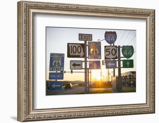 Road Sign at Sunset, Pacific, Missouri, USA. Route 66-Julien McRoberts-Framed Photographic Print