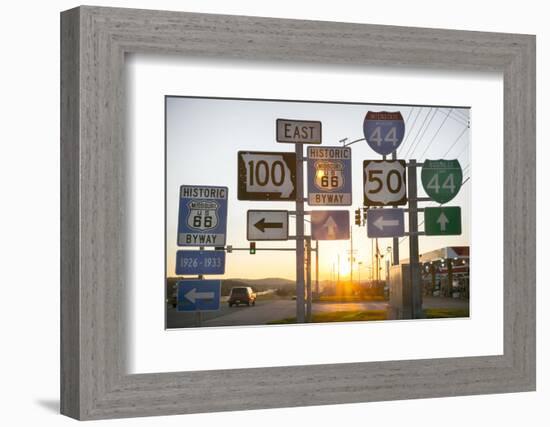 Road Sign at Sunset, Pacific, Missouri, USA. Route 66-Julien McRoberts-Framed Photographic Print