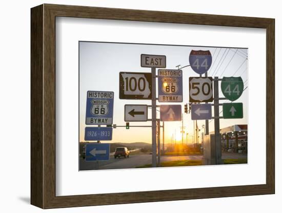 Road Sign at Sunset, Pacific, Missouri, USA. Route 66-Julien McRoberts-Framed Photographic Print