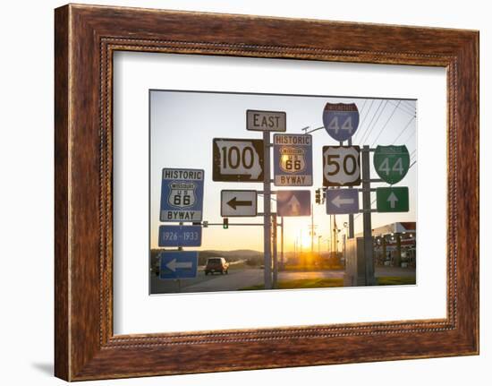 Road Sign at Sunset, Pacific, Missouri, USA. Route 66-Julien McRoberts-Framed Photographic Print