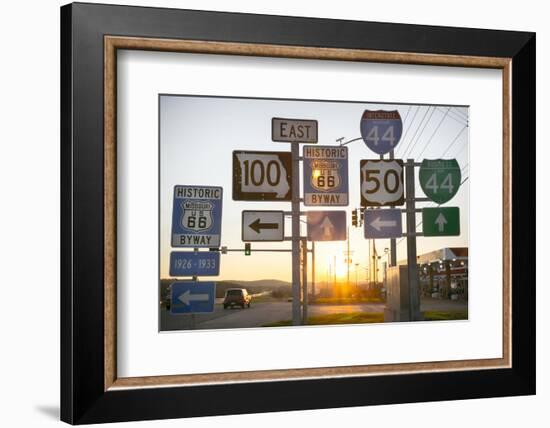 Road Sign at Sunset, Pacific, Missouri, USA. Route 66-Julien McRoberts-Framed Photographic Print