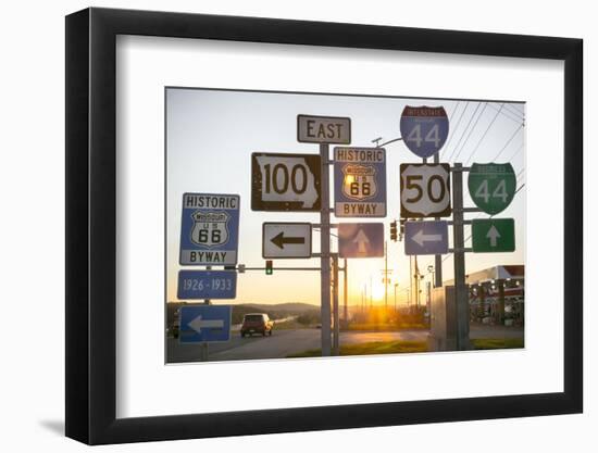 Road Sign at Sunset, Pacific, Missouri, USA. Route 66-Julien McRoberts-Framed Photographic Print