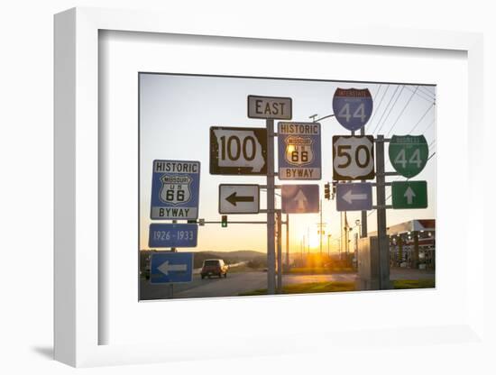 Road Sign at Sunset, Pacific, Missouri, USA. Route 66-Julien McRoberts-Framed Photographic Print