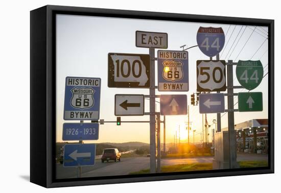 Road Sign at Sunset, Pacific, Missouri, USA. Route 66-Julien McRoberts-Framed Premier Image Canvas