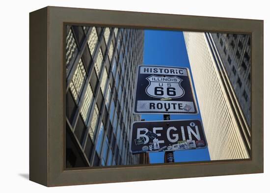 Road Sign at the Start of Route 66, Chicago, Illinois.-Jon Hicks-Framed Premier Image Canvas