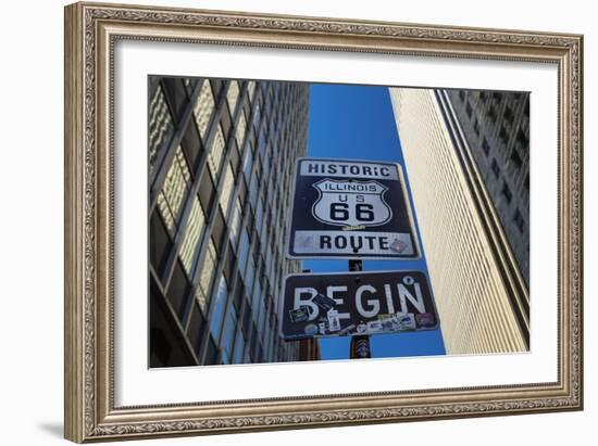 Road Sign at the Start of Route 66, Chicago, Illinois.-Jon Hicks-Framed Photographic Print