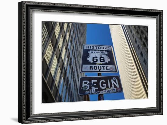 Road Sign at the Start of Route 66, Chicago, Illinois.-Jon Hicks-Framed Photographic Print