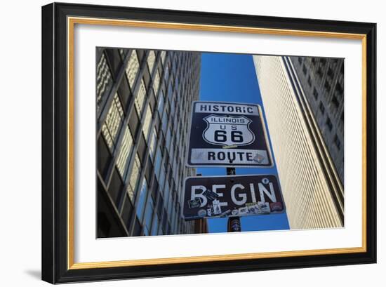 Road Sign at the Start of Route 66, Chicago, Illinois.-Jon Hicks-Framed Photographic Print