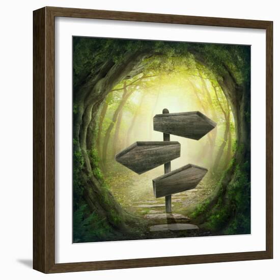 Road Sign in the Dark Forest-egal-Framed Photographic Print