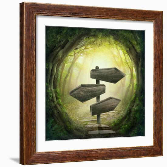 Road Sign in the Dark Forest-egal-Framed Photographic Print
