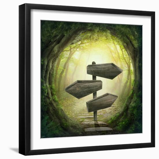 Road Sign in the Dark Forest-egal-Framed Photographic Print