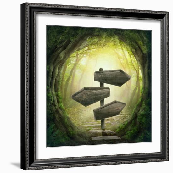 Road Sign in the Dark Forest-egal-Framed Photographic Print