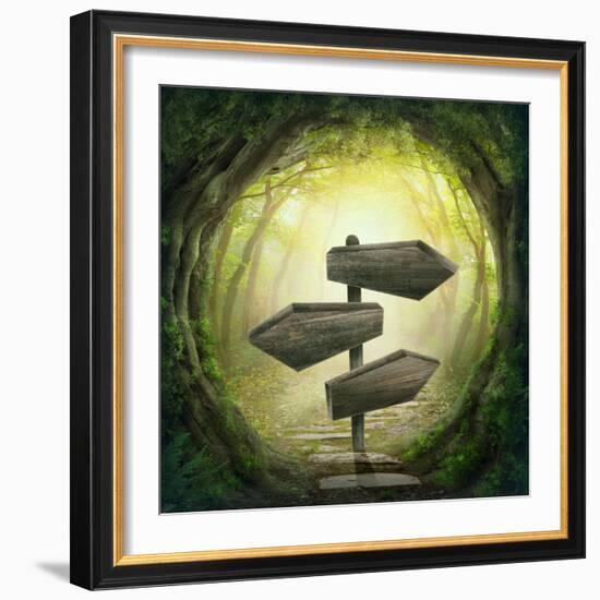 Road Sign in the Dark Forest-egal-Framed Photographic Print