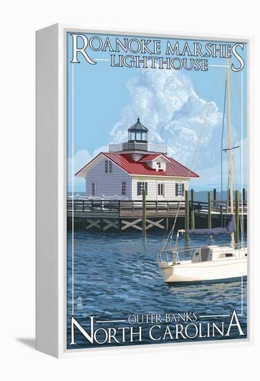 Roanoke Marshes Lighthouse - Outer Banks, North Carolina-Lantern Press-Framed Stretched Canvas