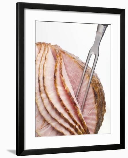 Roast Ham, Partly Carved, with Carving Fork-null-Framed Photographic Print