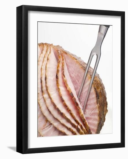 Roast Ham, Partly Carved, with Carving Fork-null-Framed Photographic Print