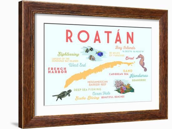 Roatan - Typography and Icons-Lantern Press-Framed Art Print