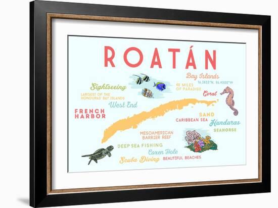 Roatan - Typography and Icons-Lantern Press-Framed Art Print