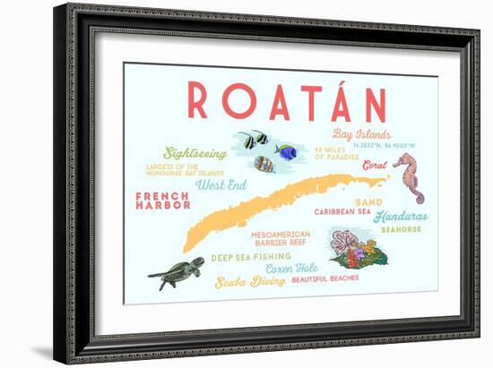 Roatan - Typography and Icons-Lantern Press-Framed Art Print