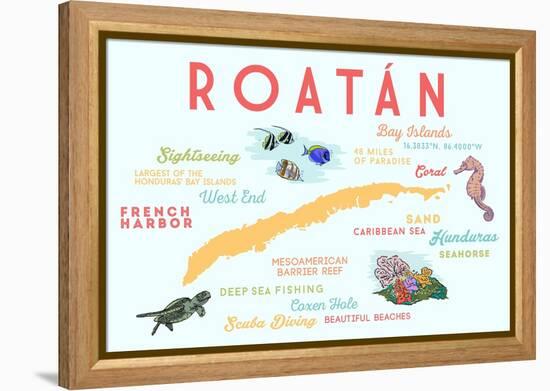 Roatan - Typography and Icons-Lantern Press-Framed Stretched Canvas