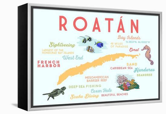 Roatan - Typography and Icons-Lantern Press-Framed Stretched Canvas