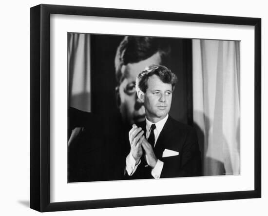 Robert F. Kennedy Campaigning in Front of Poster Portrait of His Brother President John F. Kennedy-Bill Eppridge-Framed Photographic Print