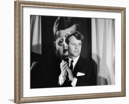 Robert F. Kennedy Campaigning in Front of Poster Portrait of His Brother President John F. Kennedy-Bill Eppridge-Framed Photographic Print