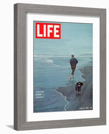 Robert F. Kennedy Jogging on the Beach with his Dog, June 14, 1968-Bill Eppridge-Framed Photographic Print