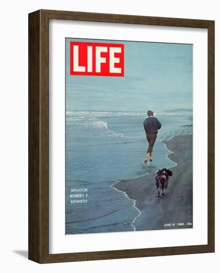 Robert F. Kennedy Jogging on the Beach with his Dog, June 14, 1968-Bill Eppridge-Framed Photographic Print