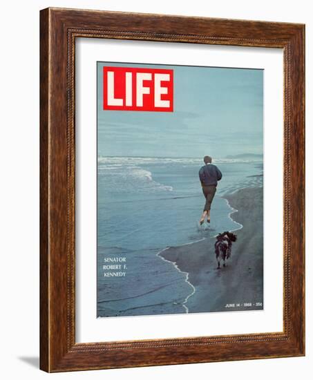 Robert F. Kennedy Jogging on the Beach with his Dog, June 14, 1968-Bill Eppridge-Framed Photographic Print