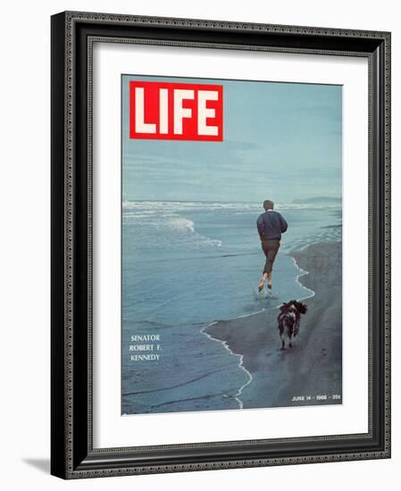 Robert F. Kennedy Jogging on the Beach with his Dog, June 14, 1968-Bill Eppridge-Framed Photographic Print