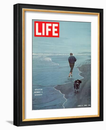 Robert F. Kennedy Jogging on the Beach with his Dog, June 14, 1968-Bill Eppridge-Framed Photographic Print