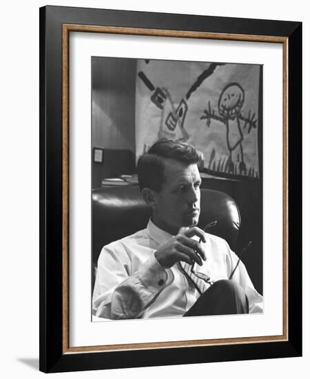 Robert F. Kennedy Sitting in Office in Front of Child's Painting-null-Framed Photographic Print