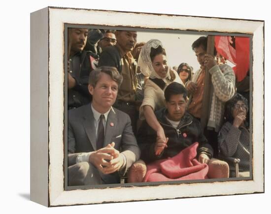Robert F. Kennedy Sitting Next to Cesar Chavez During Rally for the United Farm Workers Union-Michael Rougier-Framed Premier Image Canvas