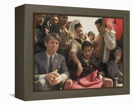 Robert F. Kennedy Sitting Next to Cesar Chavez During Rally for the United Farm Workers Union-Michael Rougier-Framed Premier Image Canvas