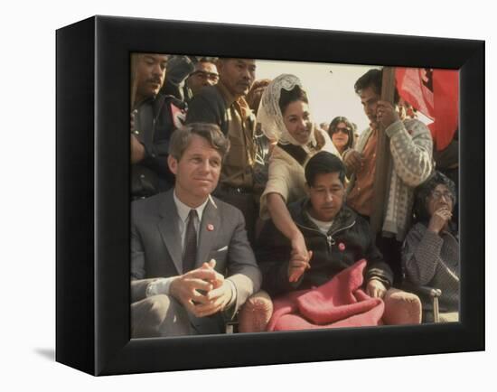 Robert F. Kennedy Sitting Next to Cesar Chavez During Rally for the United Farm Workers Union-Michael Rougier-Framed Premier Image Canvas