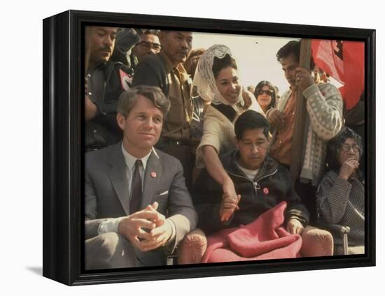 Robert F. Kennedy Sitting Next to Cesar Chavez During Rally for the United Farm Workers Union-Michael Rougier-Framed Premier Image Canvas