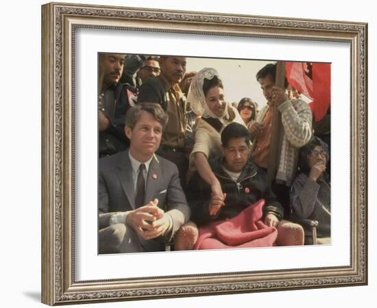 Robert F. Kennedy Sitting Next to Cesar Chavez During Rally for the United Farm Workers Union-Michael Rougier-Framed Premium Photographic Print