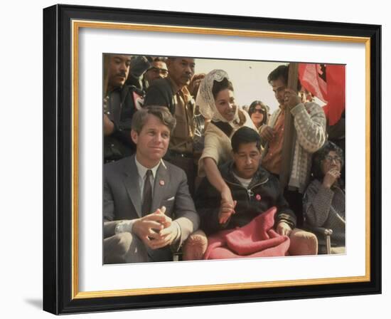 Robert F. Kennedy Sitting Next to Cesar Chavez During Rally for the United Farm Workers Union-Michael Rougier-Framed Premium Photographic Print