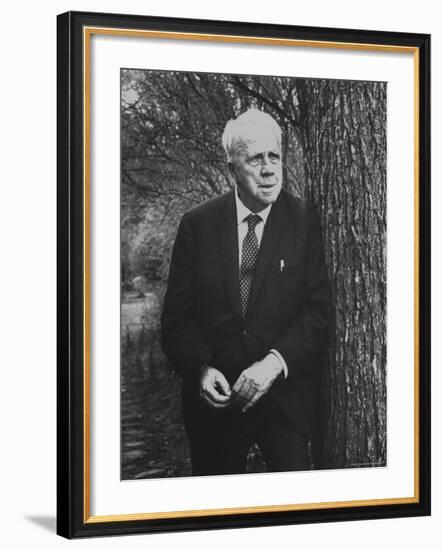 Robert Frost Leaning Against Tree on Campus of Amherst College Where He is a Professor of English-Gordon Parks-Framed Premium Photographic Print