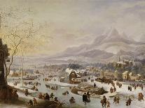 An Extensive River Landscape, with Numerous Figures Skating Outside a Town-Robert Griffier-Giclee Print