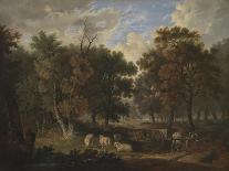 Wooded Landscape with Woman and Child Walking Down a Road (Oil on Panel)-Robert Ladbrooke-Premium Giclee Print