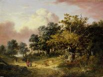 Wooded Landscape with Woman and Child Walking Down a Road (Oil on Panel)-Robert Ladbrooke-Giclee Print